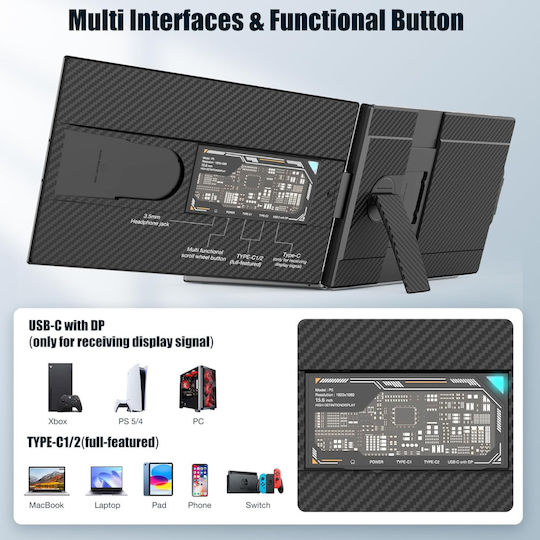 Monitor Portabil Extensibil Qova 15.6" FHD IPS Display 13"-17.3" Laptopuri Design Ultra-subțire 1080p USB-C/HDMI Ecran Extern Laptop Gaming Birou Călătorie Compatibil Windows Mac Linux Switch PS5 Plug Play