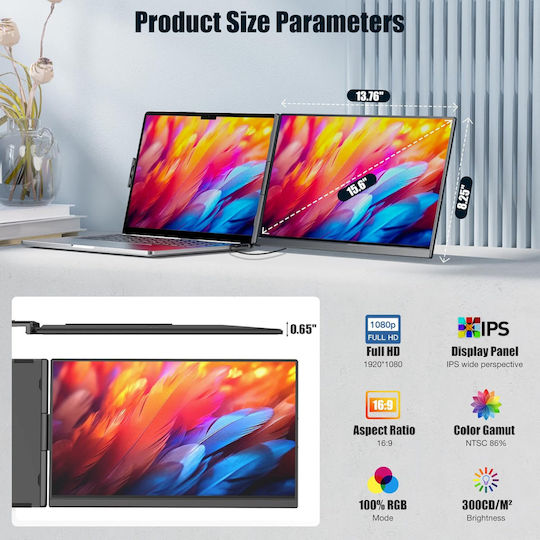 Monitor Portabil Extensibil Qova 15.6" FHD IPS Display 13"-17.3" Laptopuri Design Ultra-subțire 1080p USB-C/HDMI Ecran Extern Laptop Gaming Birou Călătorie Compatibil Windows Mac Linux Switch PS5 Plug Play