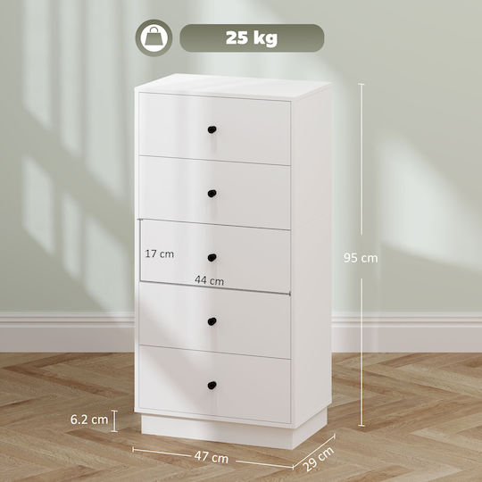 Wooden Chest of Drawers with 5 Drawers White 47x29x95cm