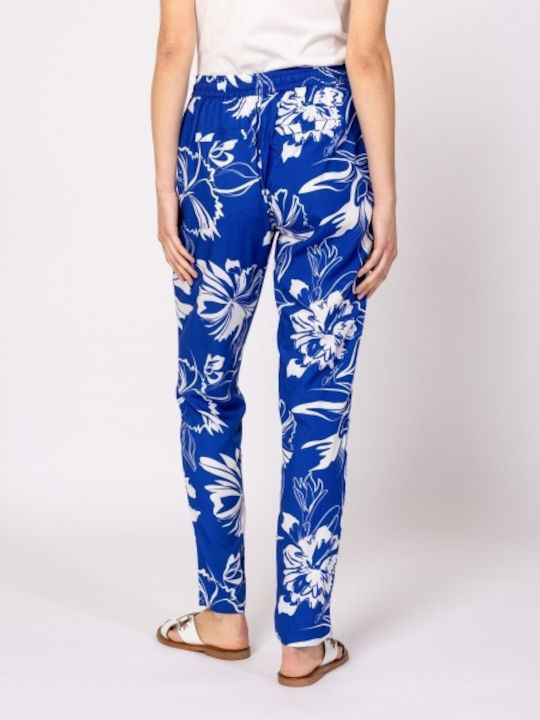 Women's Fabric Trousers Floral Blue/White