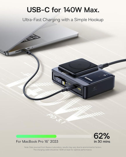 Baseus Βάση Φόρτισης με Θύρα USB-A και 2 Θύρες USB-C και Καλώδιο USB-C 140W σε Μαύρο χρώμα (Nomos UK Socket)
