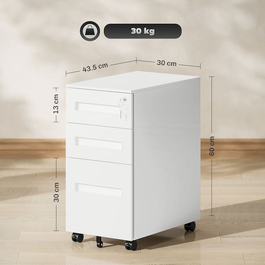 Office Storage Metal Drawer with Wheels, Lock & Drawers White L30xW43.5xH60cm