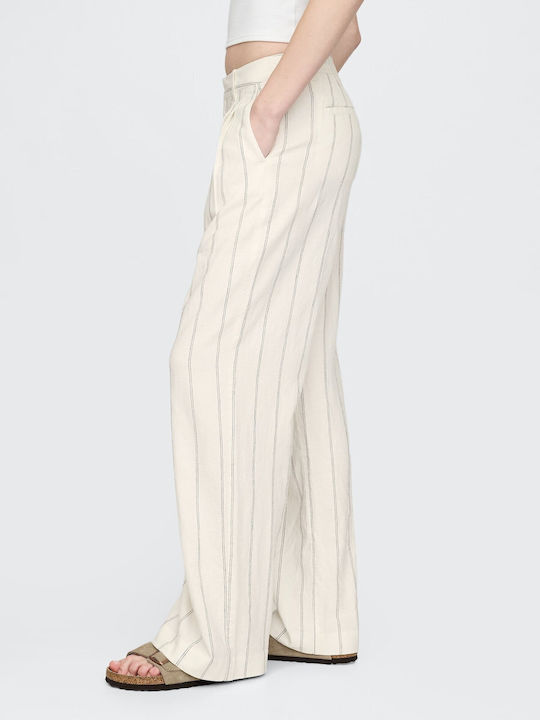 Damen Hoch tailliert Leinen Hose mit Gummizug Gestreift Off White