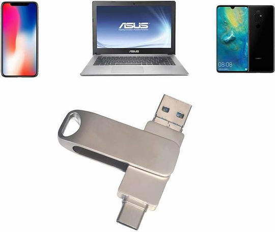 Siks 4 în 1 Stick de Memorie Metalic 512 Gb Usb 3.0 Type-c Usb C Lightning 360⁰ Rotativ Rezistent la Apă Compatibil cu Telefoane Dispozitive Type C Lightning Usb C Porturi Otg Compatibilitate Viteză Mare Argintiu