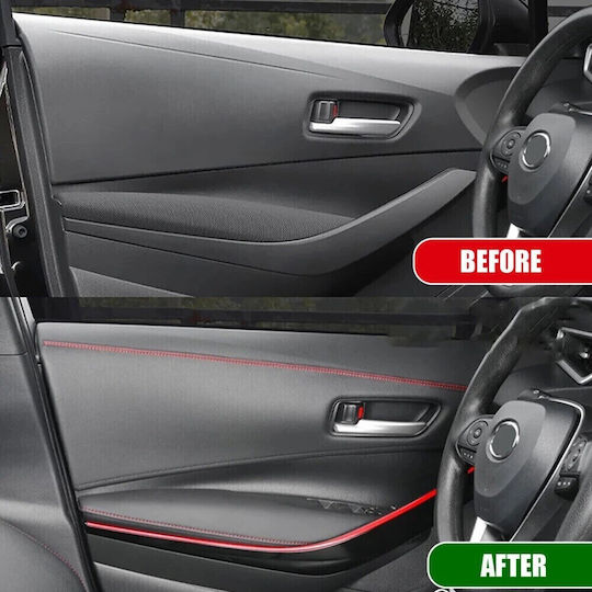 Bandă decorativă interior vehicul 2m lungime din piele ecologică culoare neagră + cusături roșii