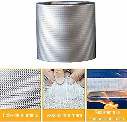 Bandă de etanșare impermeabilă din cauciuc bituminos Siks pentru acoperișuri, etanșare fisuri metalice, coșuri de fum, rezistență la apă, acoperire din aluminiu, aderență îmbunătățită, lățime 15cm x lungime 5m, argintiu