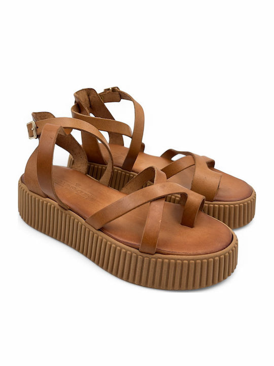 Leather Women's Flat Sandals Flatforms in Tabac Brown Color