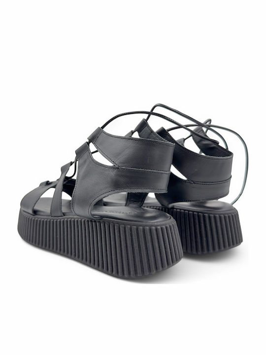 Leder Flache Sandalen für Damen Flatforms in Schwarz Farbe