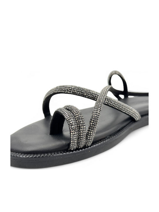 Leather Women's Flat Sandals in Black Color