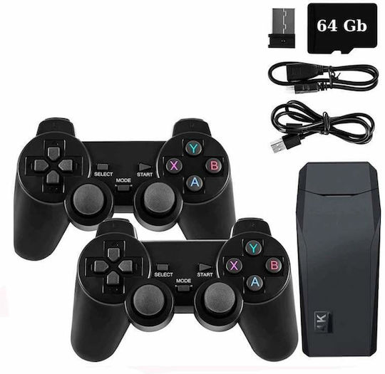 Siks Retro Tip Stick конзола с 10,000 инсталирани видео игри, съвместима с 9 емулатора, 2 x безжични контролера, HDMI, 2.4 GHz безжичен USB, 64GB, черна