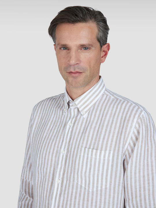 Long-sleeved Linen Shirt Striped White/Beige