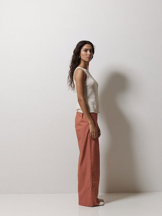 Women's Fabric Trousers with Elastic in Wide Line Orange