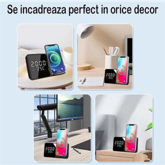 Tabletop Digital Clock Plastic with Alarm Clock and Wireless Charging Black