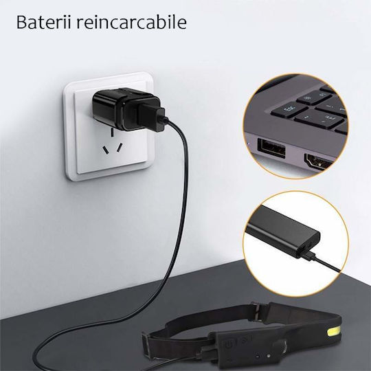 Lanternă Siks cu Baterie Internă, Lampă Frontală, Port USB Tip C, pentru Pescuit, Camping, Drumeții, Senzor de Mișcare, Rezistentă la Apă, Bandă LED Cob, LED Xpe, Lanternă 45m 350 Lumeni