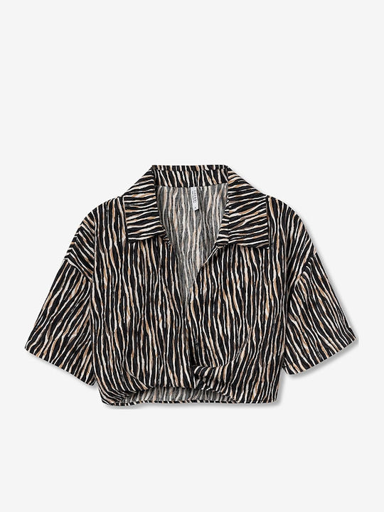 Women's Crop Top with V Neckline Animal Print Black