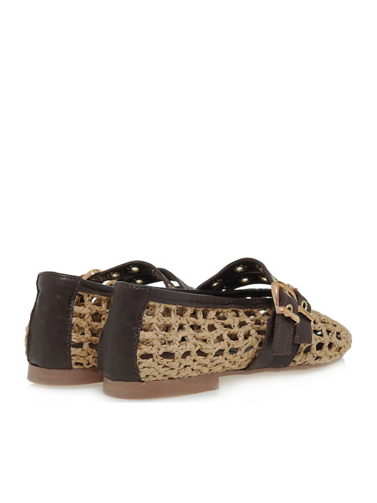 Leder Damen Ballerinas Mary Jane Beige