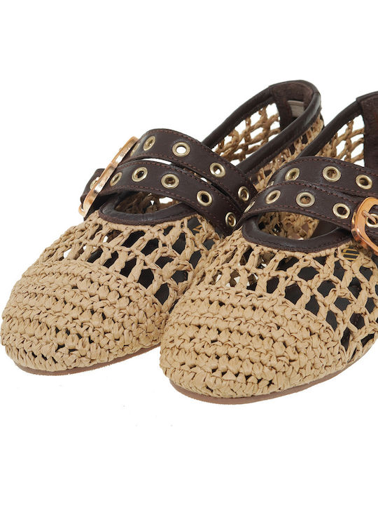 Leder Damen Ballerinas Mary Jane Beige