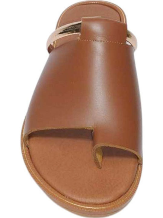 Leather Women's Flat Sandals in Tabac Brown Color