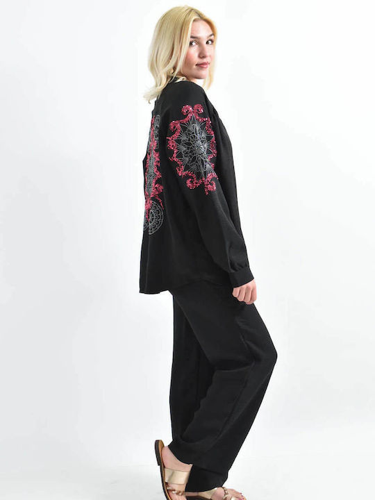 Femei Black Set cu Pantaloni cu elastic cu Croială Dreaptă