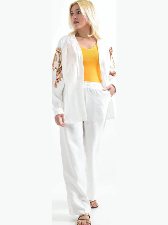 Women's White Set with Pants with Elastic in Straight Line with Sequins