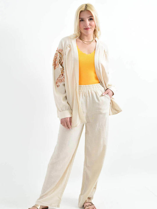 Women's Beige Set with Pants with Elastic in Straight Line with Sequins