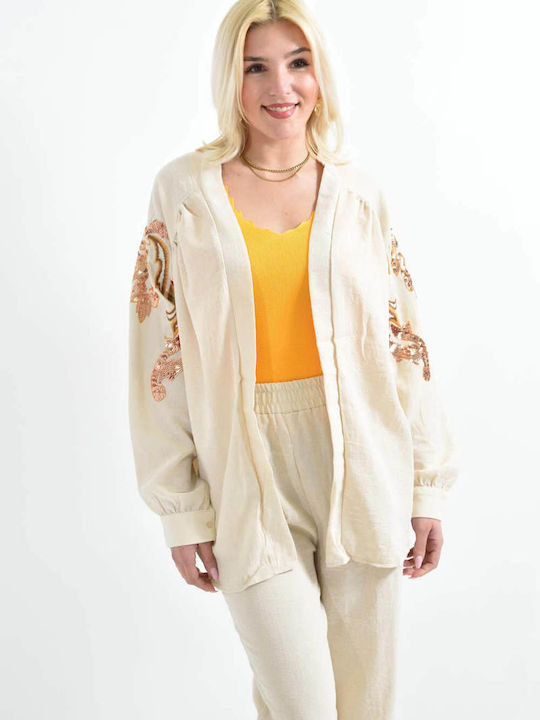 Women's Beige Set with Pants with Elastic in Straight Line with Sequins