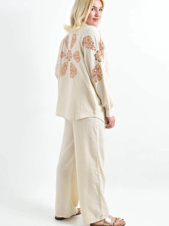 Women's Ecru Set with Pants with Elastic in Straight Line