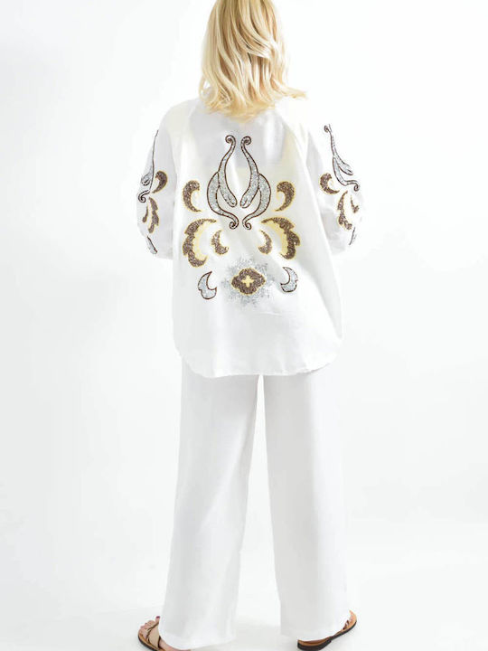 Women's White Set with Pants with Elastic in Straight Line