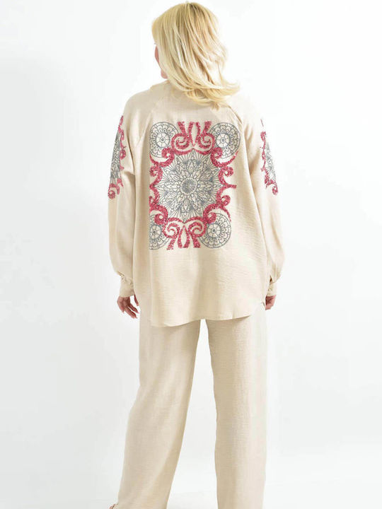 Women's Ecru Set with Pants with Elastic in Straight Line