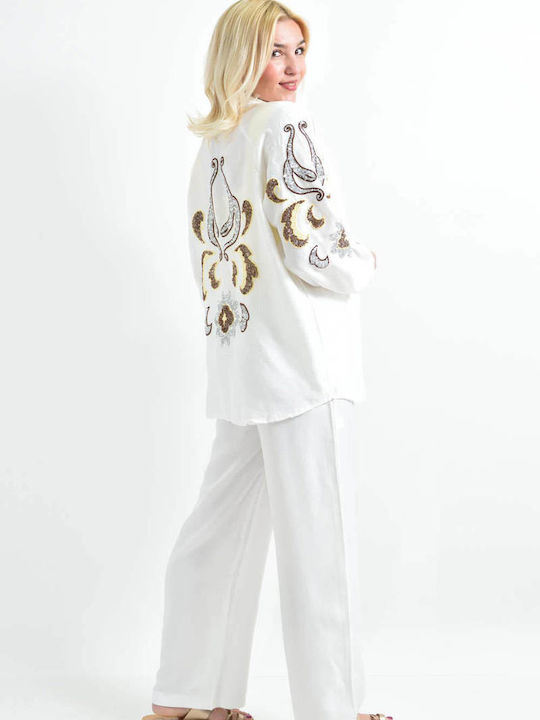 Women's White Set with Pants with Elastic in Straight Line
