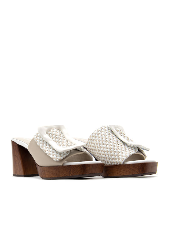 Leather Mules with High Heel in White Color