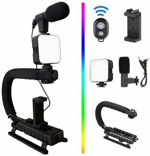 Kit Siks Profesional Vlogging Podcast Youtube Trepied cu Telecomandă Lumină LED Microfon Compatibil Cameră Telefon Negru