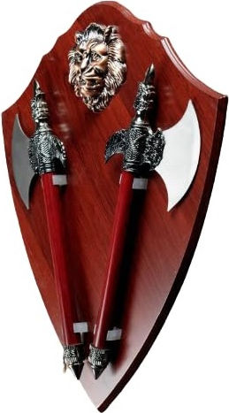 Shield-shaped Set Two Axes Tiger Emblem Wood 55 Cm Burgundy