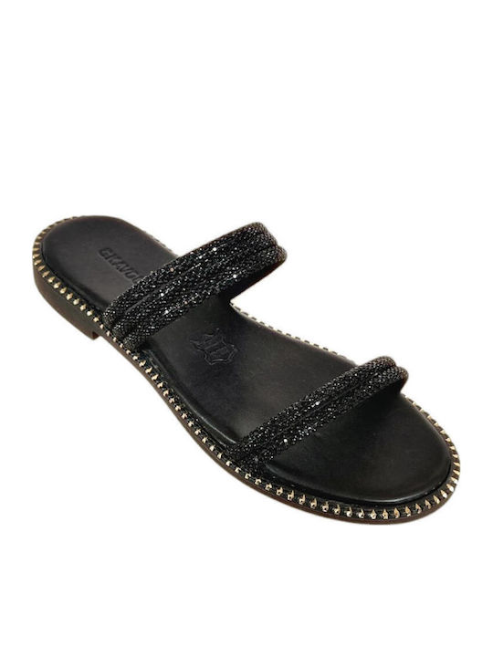 Leather Women's Flat Sandals in Black Color
