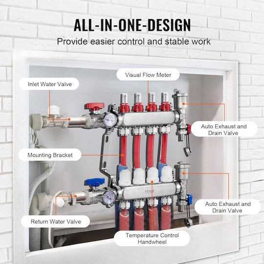 Vevor Underfloor Heating Manifold Set Pex Pipes 4 Branches