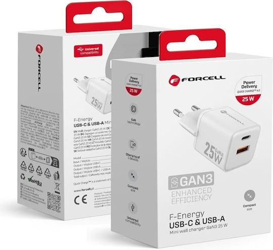 Forcell Charger Without Cable GaN with USB-A Port and USB-C Port 25W Power Delivery / Quick Charge 4.0 Whites (F-Energy Mini VT-25B)