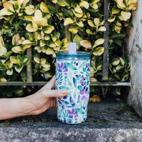 Quokka Glass Thermos Stainless Steel BPA Free 720ml Violet Blooms With Straw