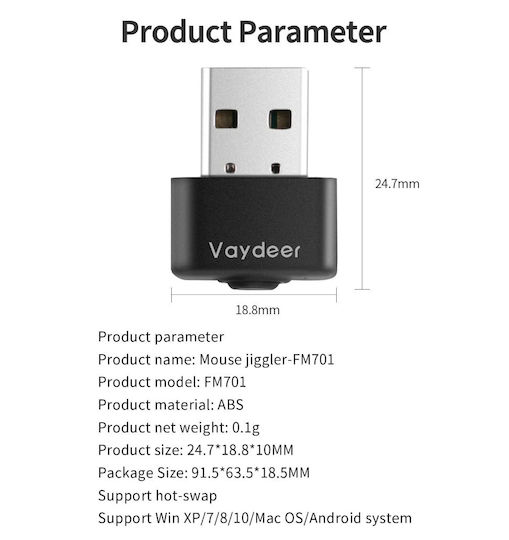 Vaydeer Mini Mouse Jiggler Plug & Play USB Buton Pornire/Oprire Simulează Mișcarea Mouse-ului Negru