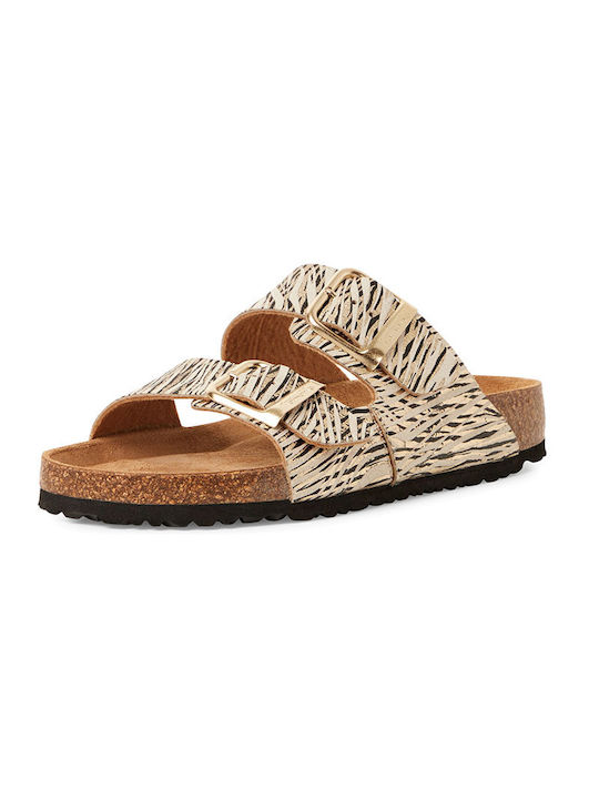 Leather Women's Flat Sandals in Beige Color