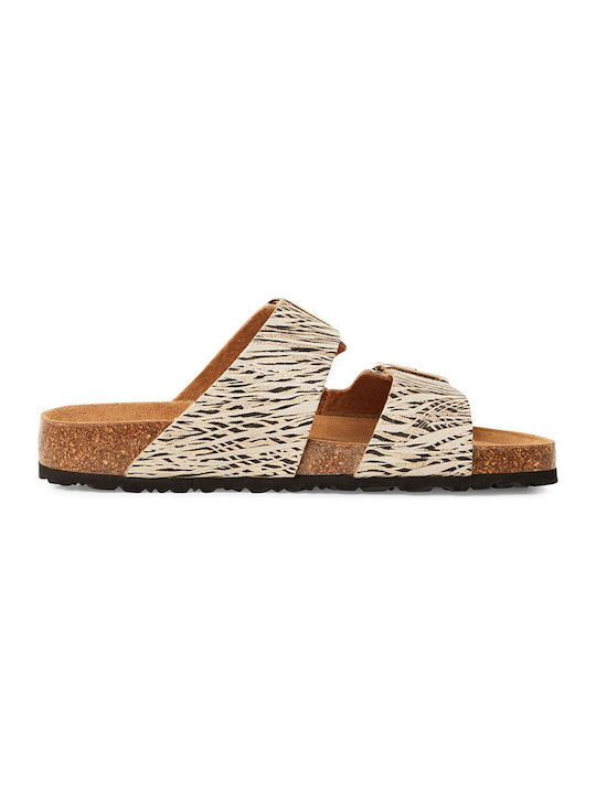 Leather Women's Flat Sandals in Beige Color