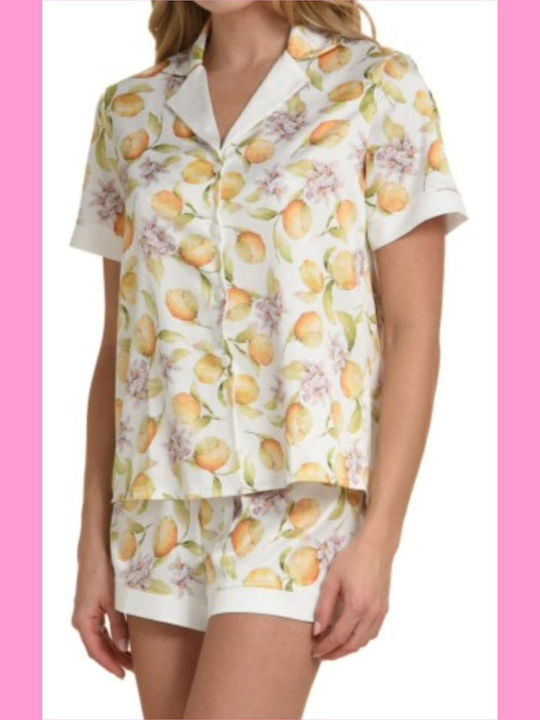 Miss Rosy Sommer Damen Pyjama-Set Satin,σατεν Weiß