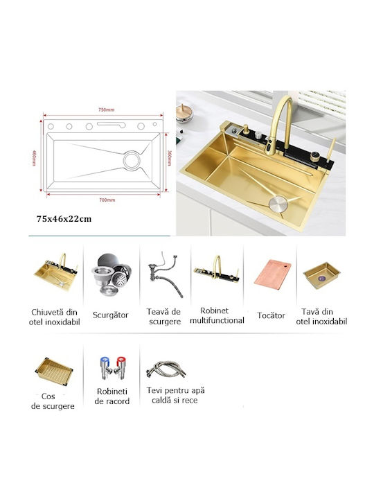 Drop-In Sink Inox with Faucet W75xD46cm Gold