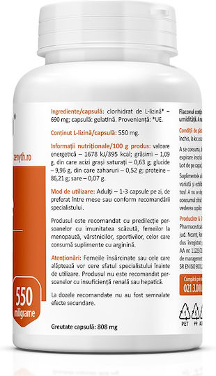 Zenyth L-Lysine / Αργινίνη 550mg 60 Κάψουλες Energy