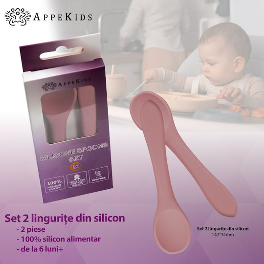 AppeKids Βρεφικό Σετ με Κουτάλια από Σιλικόνη για 6+ μηνών Ροζ 2τμχ