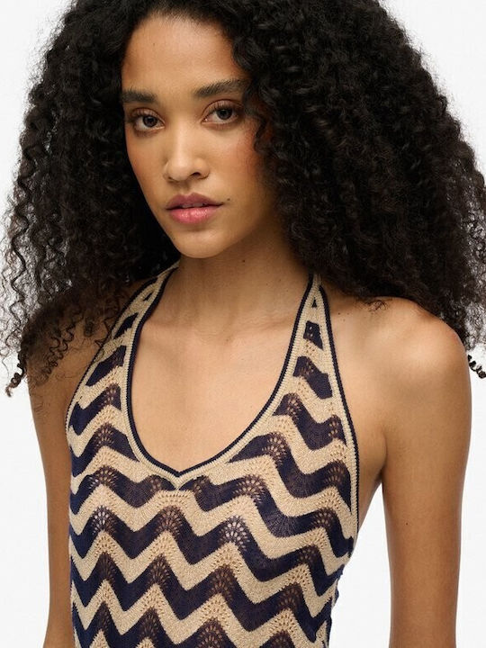 Γυναικείο Crop Top Αμάνικο με Δέσιμο στο Λαιμό Navy Gold Χρυσο