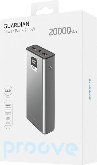 Proove Guardian Power Bank 20000mAh 22.5W mit 2 USB-A Ausgangsanschlüsse und USB-C Ausgangsanschluss Power Delivery Grau