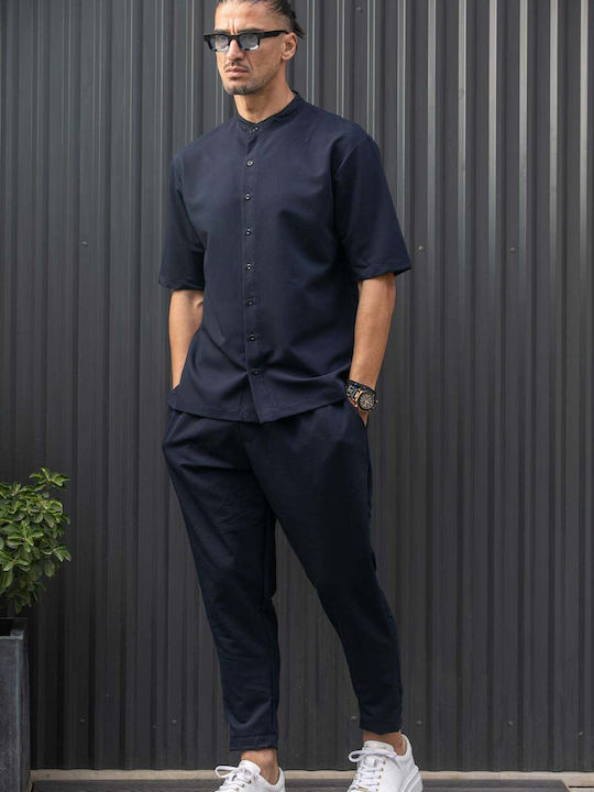 Short-sleeved Shirt in Wide Line Dark Blue