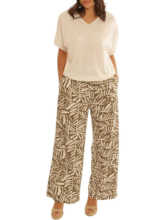 Pomodoro Women's Fabric Palazzo Pants with Elastic Khaki