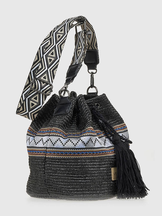 Set Straw Knitted Women's Drawstring Bag Black