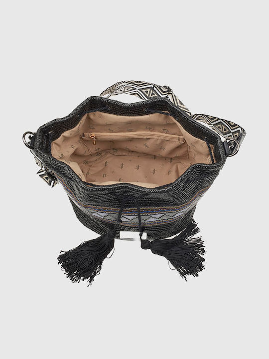 Set Straw Knitted Women's Drawstring Bag Black